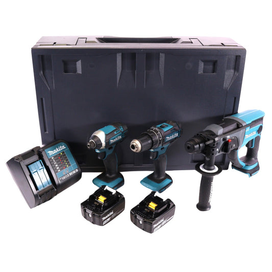 Makita DHP 482 STMX perceuse à percussion sans fil 18 V 62 Nm + clé à chocs sans fil DTD 152 18 V 165 Nm 1/4" + marteau combiné sans fil DHR 202 18 V 2,0 J SDS Plus + 2x batteries 5,0 Ah + chargeur + Makbox Maxi