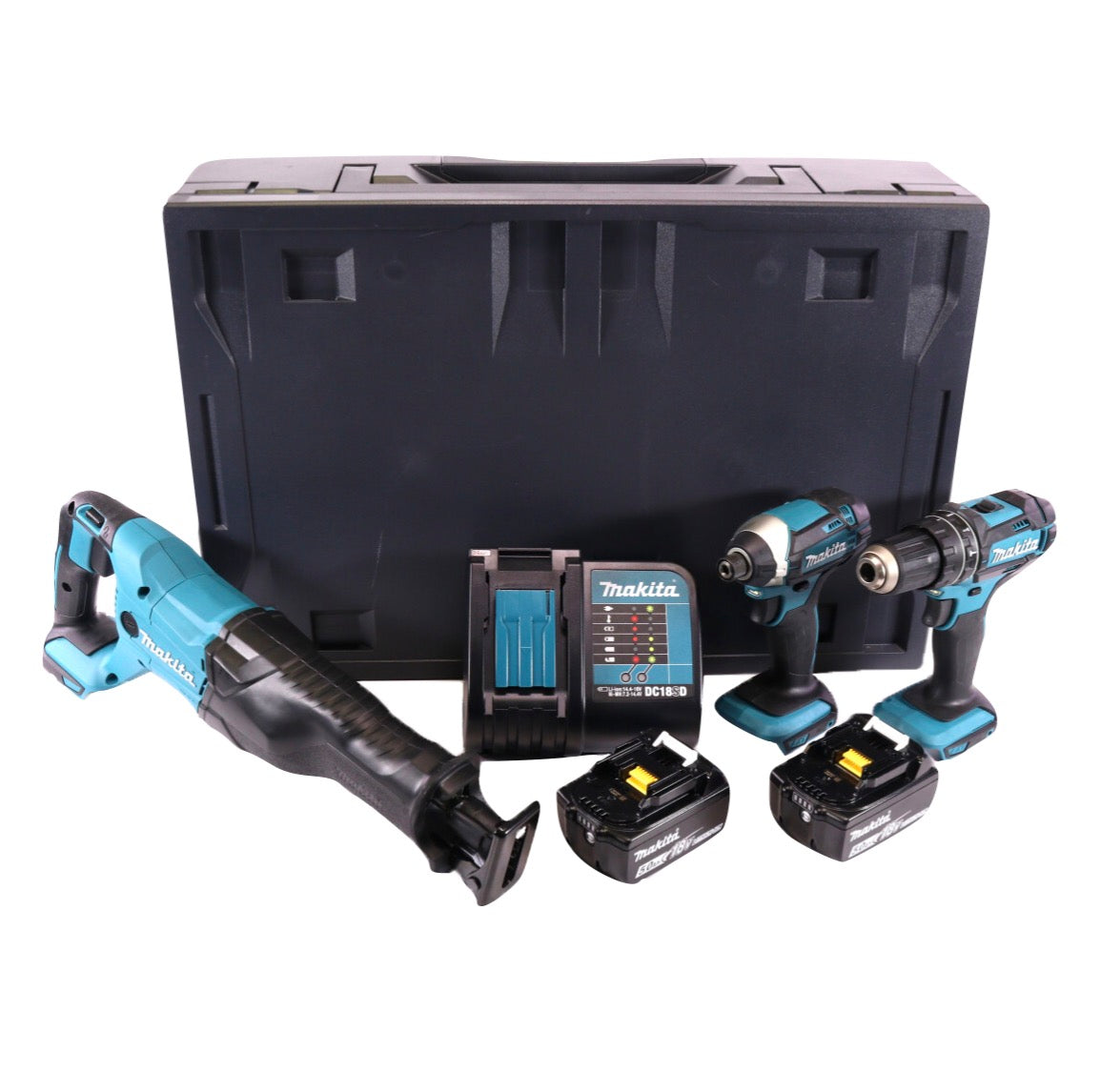 Makita DHP 482 STMX perceuse à percussion sans fil 18 V 62 Nm + clé à chocs sans fil DTD 152 18 V 165 Nm 1/4" + scie sabre sans fil DJR 186 18 V + 2 batteries 5,0 Ah + chargeur + Makbox Maxi