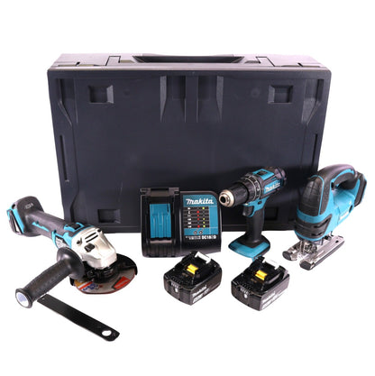 Makita DHP 482 STMX Akku Schlagbohrschrauber 18 V 62 Nm + DJV 180 Akku Stichsäge 18 V + DGA 504 Akku Winkelschleifer 18 V 125 mm Brushless + 2x Akku 5,0 Ah + Ladegerät + Makbox Maxi