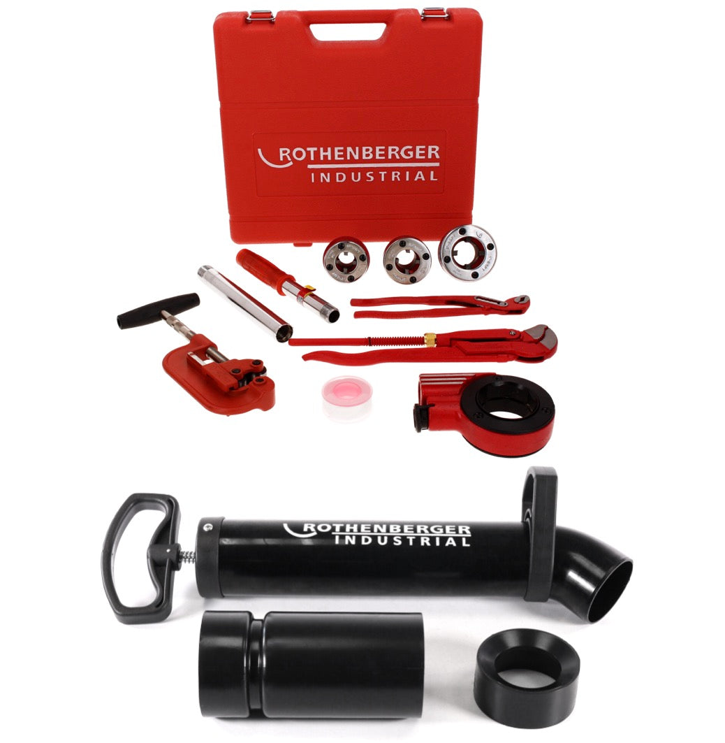 Rothenberger Industrial Sanikit Coffret à outils sanitaire 10 pièces (070673E) + nettoyeur de tuyaux avec pompe à main à pression d'aspiration RoPump Power + adaptateur en caoutchouc (1500002695)