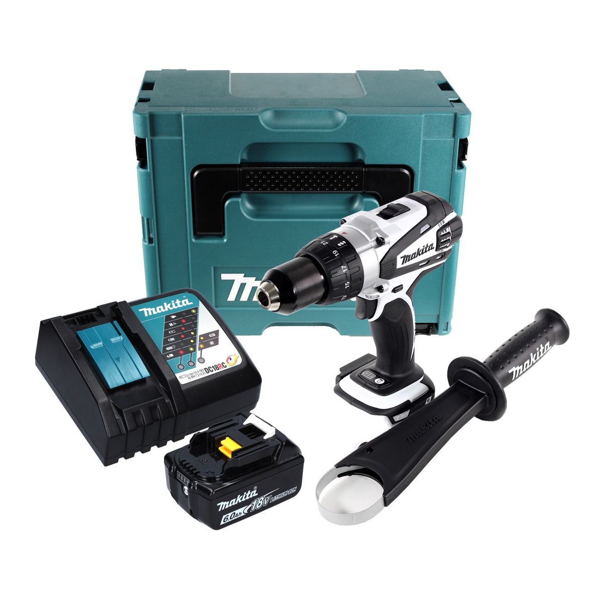 Makita DDF 458 RG1J W Akku Bohrschrauber 18 V 91 Nm Weiß + 1x Akku 6,0 Ah + Ladegerät + Makpac