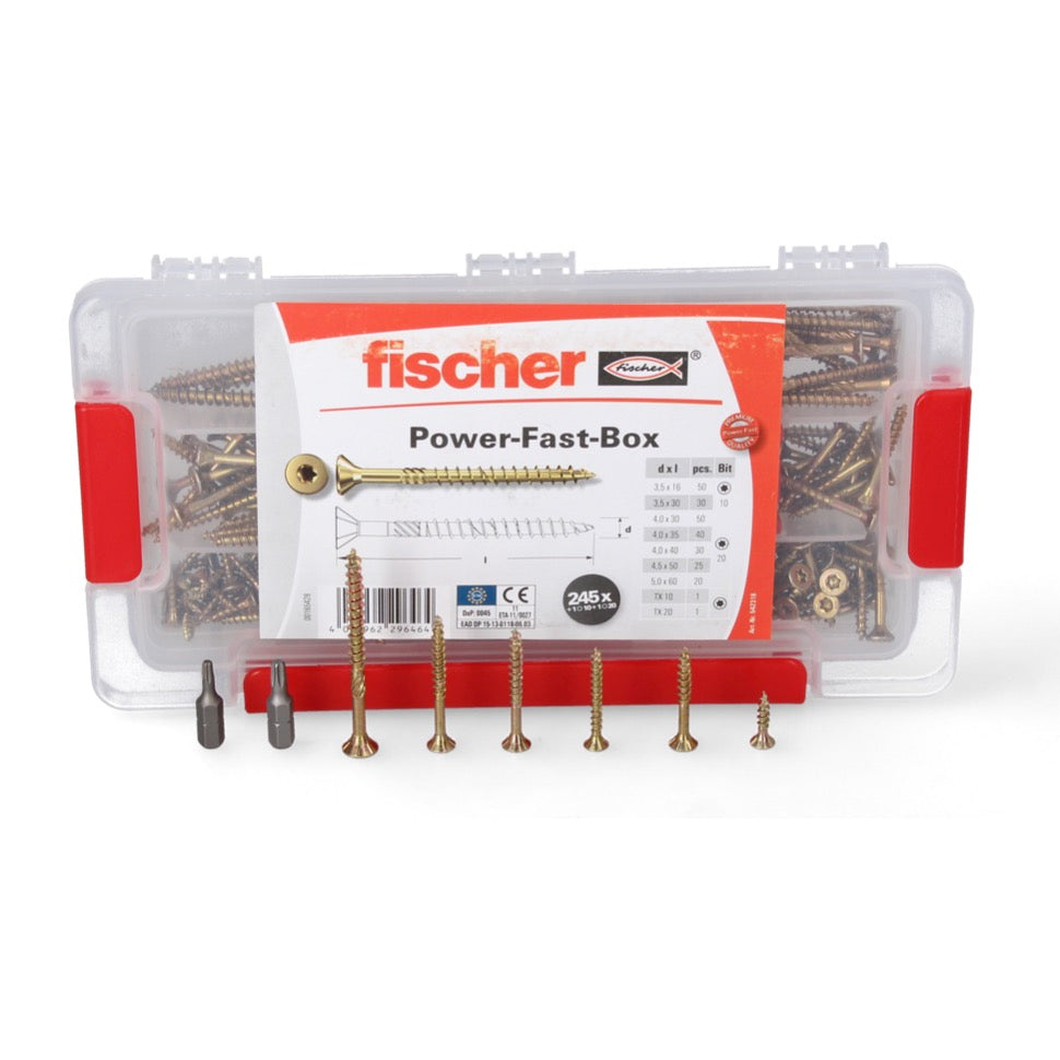 Fischer Power-Fast Box 245 pièces 3,5 - 5 mm (667005) tête fraisée avec double filetage Torx, galvanisé, passivé jaune