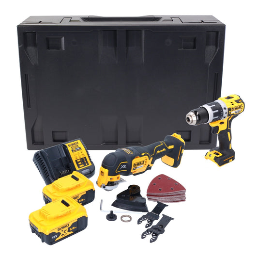 Perceuse à percussion sur batterie Dewalt DCD 796 P2MD 18 V 70 Nm sans balais + oscillateur sur batterie DCS 355 18 V sans balais + 2x batterie 5,0 Ah + chargeur + Maxi D-Box