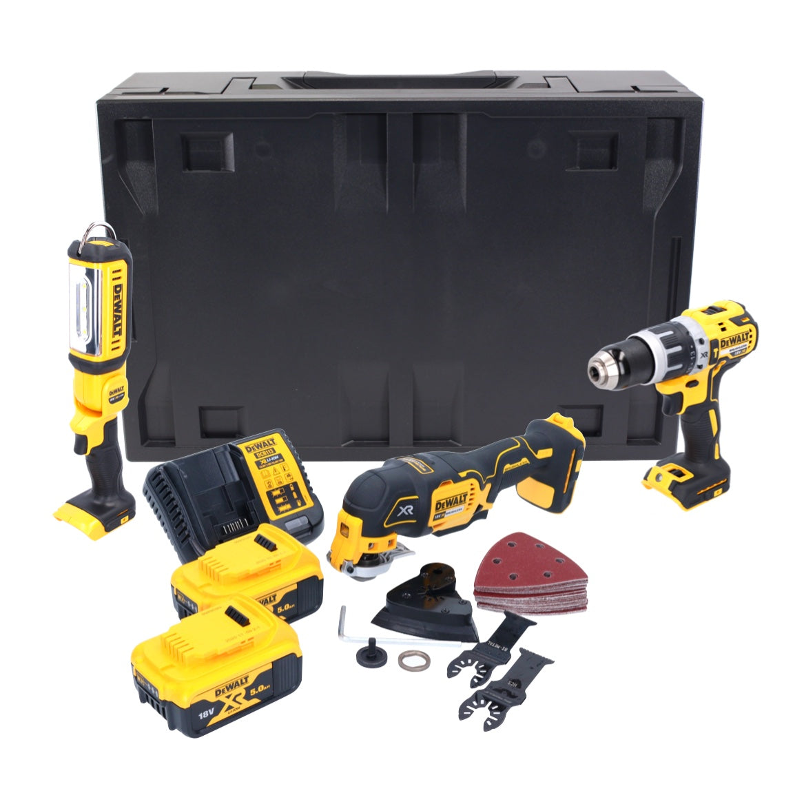 Perceuse à percussion sur batterie Dewalt DCD 796 P2MD 18 V 70 Nm sans balais + oscillateur sur batterie DCS 355 18 V sans balais + lampe sur batterie DCL 050 18 V + 2x batterie 5,0 Ah + chargeur + Maxi D-Box