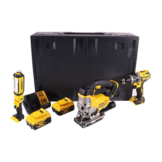 Perceuse à percussion sans fil Dewalt DCD 796 P2MD 18 V 70 Nm sans balais + scie sauteuse sans fil DCS 331 18 V + lampe sans fil DCL 050 18 V + 2 batteries 5,0 Ah + chargeur + Maxi D-Box