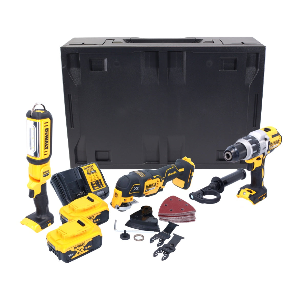 Perceuse à percussion sur batterie Dewalt DCD 996 P2MD 18 V 95 Nm sans balais + oscillateur sur batterie DCS 355 18 V sans balais + lampe sur batterie DCL 050 18 V + 2x batterie 5,0 Ah + chargeur + Maxi D-Box