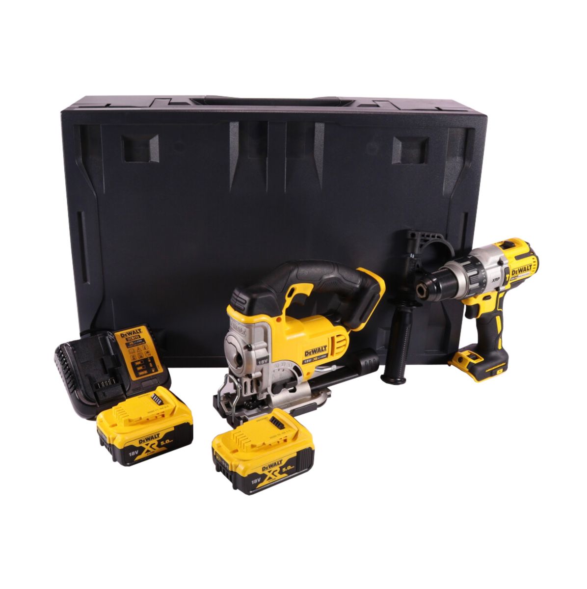 Dewalt DCD 996 P2MD Akku Schlagbohrschrauber 18 V 95 Nm Brushless + DCS 331 Akku Stichsäge 18 V + 2x Akku 5,0 Ah + Ladegerät + Maxi D-Box