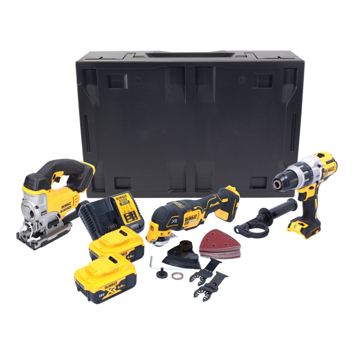 Dewalt DCD 996 P2MD Akku Schlagbohrschrauber 18 V 95 Nm Brushless + DCS 331 Akku Stichsäge 18 V + DCS 355 Akku Oszillierer 18 V Brushless + 2x Akku 5,0 Ah + Ladegerät + Maxi D-Box