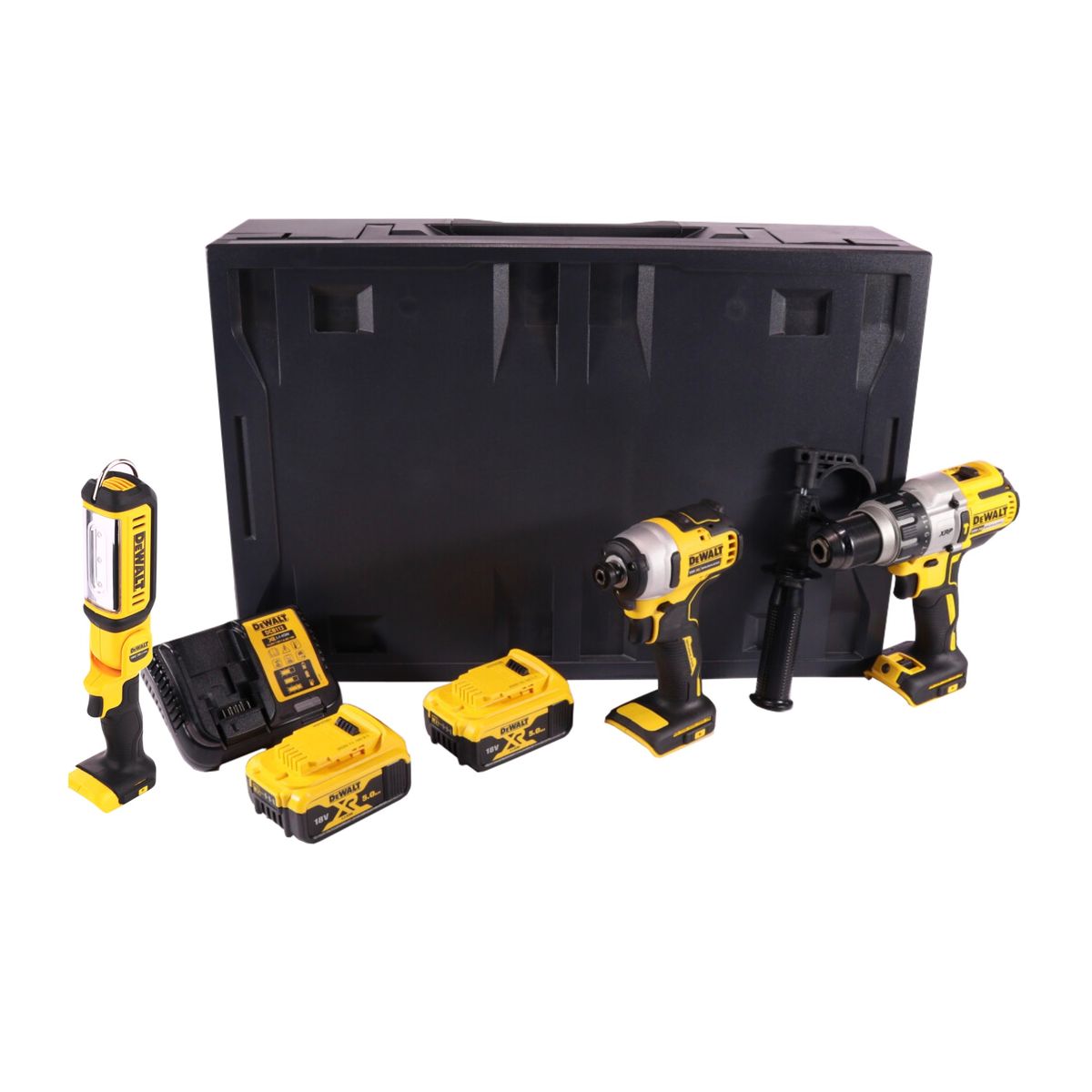 Dewalt DCD 996 P2MD Akku Schlagbohrschrauber 18 V 95 Nm Brushless + DCF 809 Akku Schlagschrauber 18 V 190 Nm 1/4" Brushless + DCL 050 Akku Lampe 18 V + 2x Akku 5,0 Ah + Ladegerät + Maxi D-Box