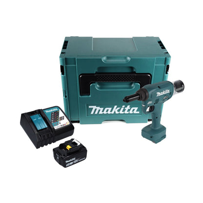 Makita DRV 250 RT1J outil de pose de rivets aveugles sur batterie 18 V 20 kN sans balais + 1x batterie 5,0 Ah + chargeur + Makpac