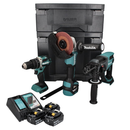 Makita DLX 3093 TX Akku Spezial Set 18 V mit DHP 484 54 Nm + DHR 202 2,0 J + DGA 513 125 mm + 3x Akku 5,0 Ah + Ladegerät + 2x Makbox