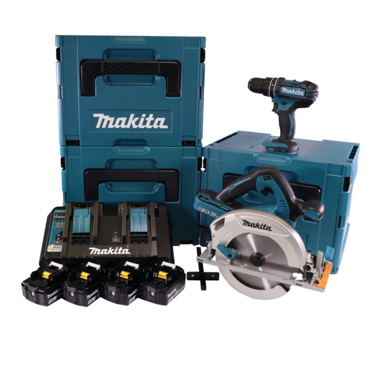 Kit combiné batterie Makita DLX 2140 PMJ 18 V avec DHP 482 62 Nm + DHS 710 190 mm + 4x batteries 4,0 Ah + double chargeur + 3x Makpac