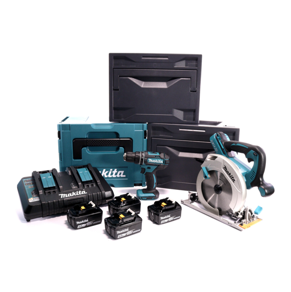 Makita DLX 2140 PMX Akku Kombo Kit 18 V mit DHP 482 62 Nm + DHS 710 190 mm + 4x Akku 4,0 Ah + Doppelladegerät + 1x Makpac + 2x Makbox