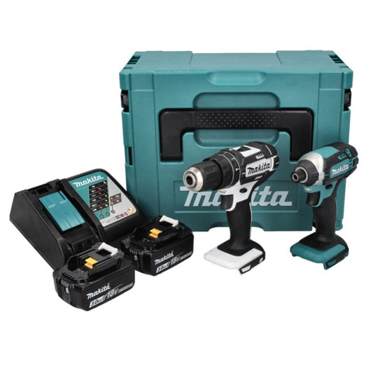 Makita DLX 2131 J Akku Kombo Kit 18 V mit DHP 482 Weiß 62 Nm + DTD 152 165 Nm + 2x Akku 3,0 Ah + Ladegerät + Makpac