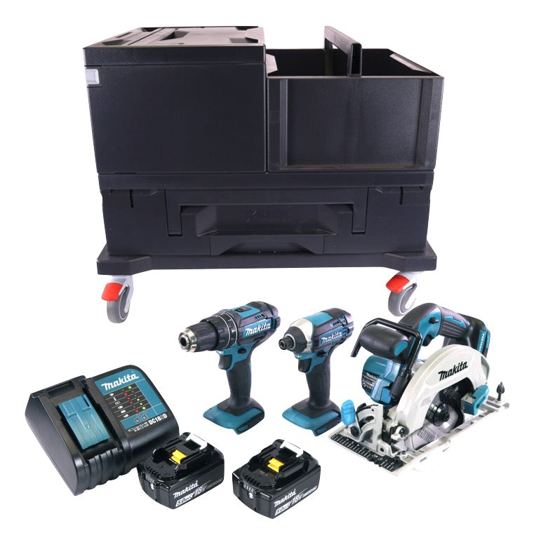 Makita DHP 482 STMX perceuse à percussion sans fil 18 V 62 Nm + clé à chocs DTD 152 165 Nm 1/4" + scie circulaire portative DHS 680 165 mm + 2x batteries 5,0 Ah + chargeur + 3x Makbox + planche à roulettes