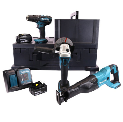 Makita DHP 482 STMX Akku Schlagbohrschrauber 18 V 62 Nm + DGA 504 Winkelschleifer 125 mm + DJR 186 Akku Säbelsäge + 2x Akku 5,0 Ah + Ladegerät + 2x Makbox + Rollbrett