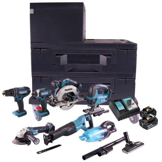 Makita DLX TMX Akku Kombo Kit mit DHP 482 + DJV 180 + DGA 504 + DHS 680 + DTD 152 + DJR 186 + DCL 180 + 2x Akku 5,0 Ah + Ladegerät + 3x Makbox + Transportroller