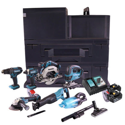 Kit combo batterie Makita DLX TMX avec DHP 482 + DJV 180 + DGA 504 + DHS 680 + DTD 152 + DJR 186 + DCL 180 + 2x batterie 5,0 Ah + chargeur + 4x Makbox + rouleau de transport