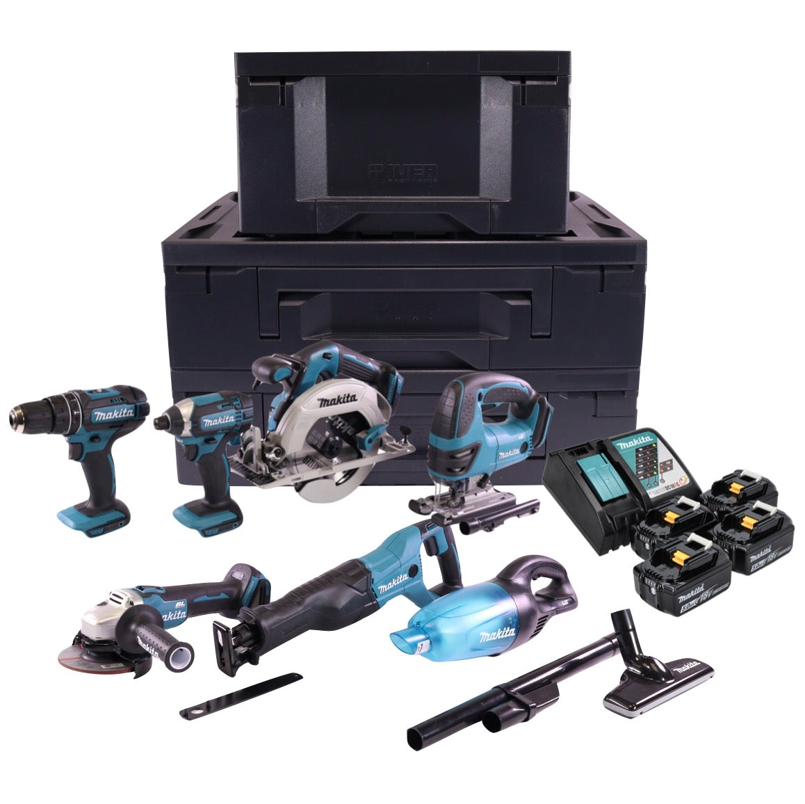 Makita DLX T4MX Akku Kombo Kit mit DHP 482 + DJV 180 + DGA 504 + DHS 680 + DTD 152 + DJR 186 + DCL 180 + 4x Akku 5,0 Ah + Ladegerät + 3x Makbox