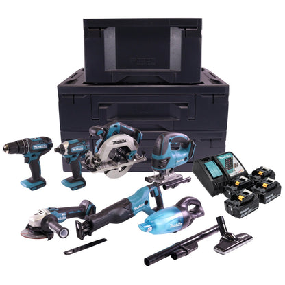 Kit combo batterie Makita DLX T4MX avec DHP 482 + DJV 180 + DGA 504 + DHS 680 + DTD 152 + DJR 186 + DCL 180 + 4x batteries 5,0 Ah + chargeur + 3x Makbox