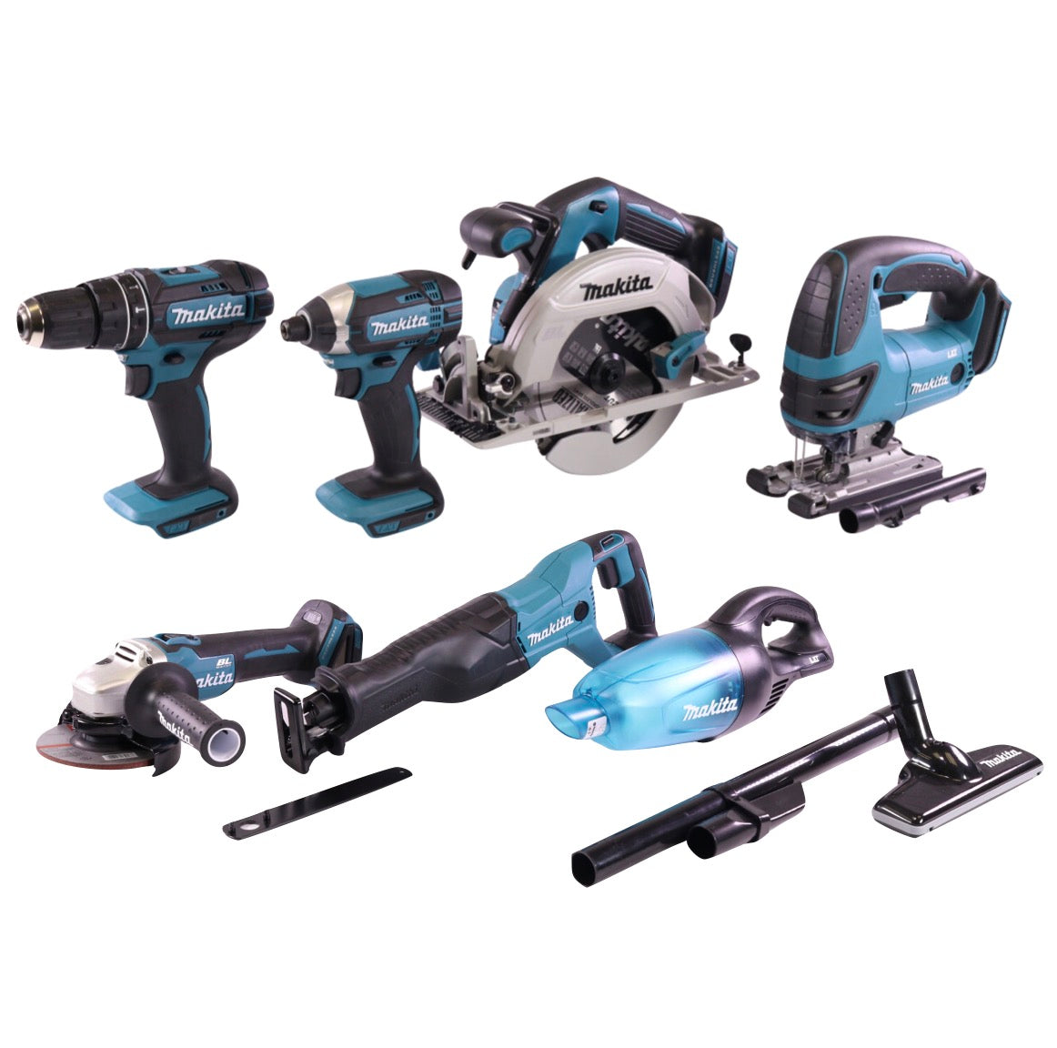 Makita DLX T4MX Akku Kombo Kit mit DHP 482 + DJV 180 + DGA 504 + DHS 680 + DTD 152 + DJR 186 + DCL 180 + 4x Akku 5,0 Ah + Ladegerät + 3x Makbox + Transportroller