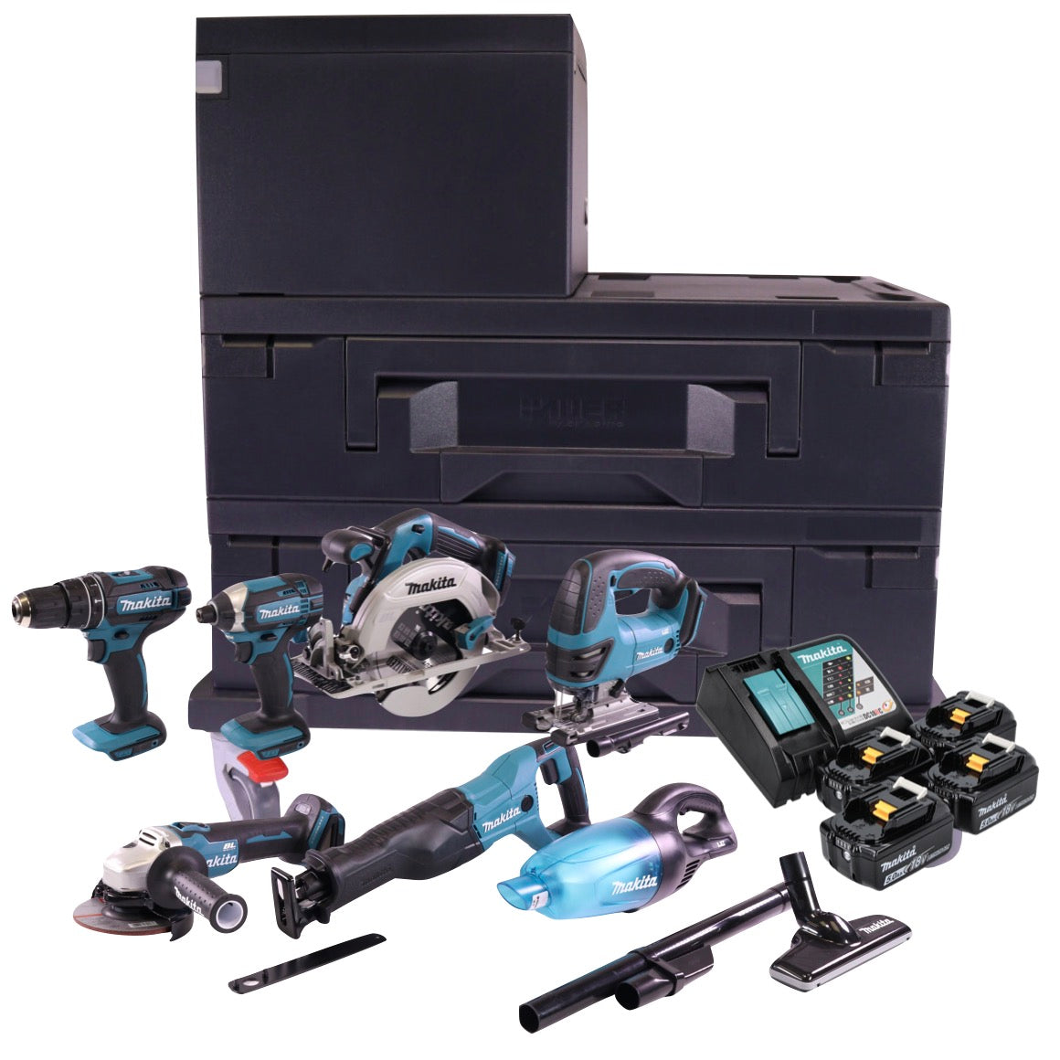 Kit combo batterie Makita DLX T4MX avec DHP 482 + DJV 180 + DGA 504 + DHS 680 + DTD 152 + DJR 186 + DCL 180 + 4x batteries 5,0 Ah + chargeur + 3x Makbox + rouleau de transport