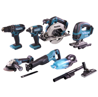 Makita DLX T4MX Akku Kombo Kit mit DHP 482 + DJV 180 + DGA 504 + DHS 680 + DTD 152 + DJR 186 + DCL 180 + 4x Akku 5,0 Ah + Ladegerät + 4x Makbox + Transportroller