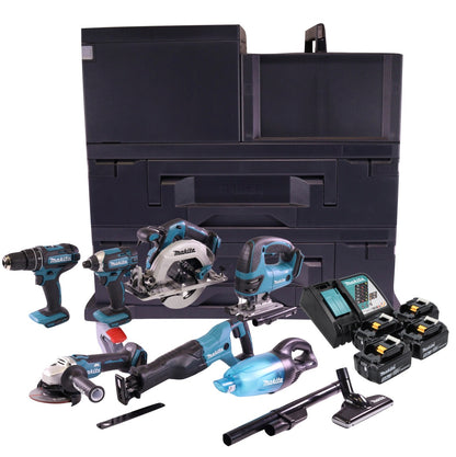 Makita DLX T4MX Akku Kombo Kit mit DHP 482 + DJV 180 + DGA 504 + DHS 680 + DTD 152 + DJR 186 + DCL 180 + 4x Akku 5,0 Ah + Ladegerät + 4x Makbox + Transportroller