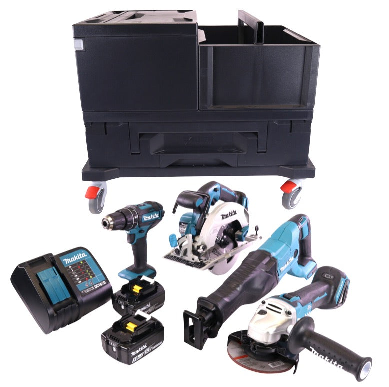 Makita DHP 482 STMX perceuse à percussion sans fil 18 V 62 Nm + meuleuse d'angle DGA 504 125 mm + scie alternative DJR 186 + scie circulaire portative DHS 680 165 mm + 2x batteries 5,0 Ah + chargeur + 3x Makbox + planche à roulettes