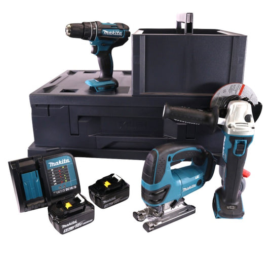 Makita DHP 482 STMX Akku Schlagbohrschrauber 18 V 62 Nm + DJV 180 Stichsäge + DGA 504 Winkelschleifer 125 mm + 2x Akku 5,0 Ah + Ladegerät + 2x Makbox + Rollbrett