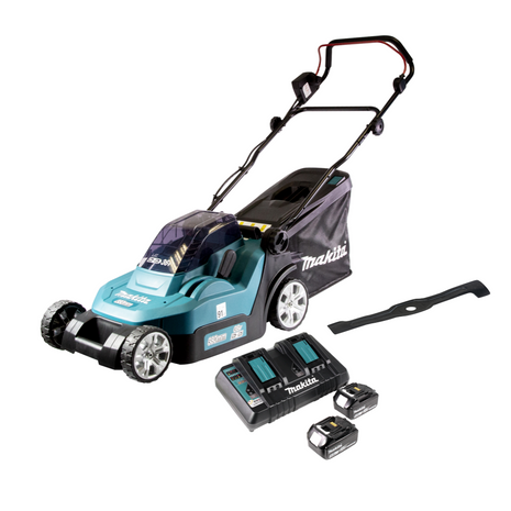 Makita DLM 432 PT2 Akku Rasenmäher 36 V ( 2x 18 V ) 43 cm Brushless + 2x Akku 5,0 Ah + Doppel Ladegerät + 1x Sichelmesser