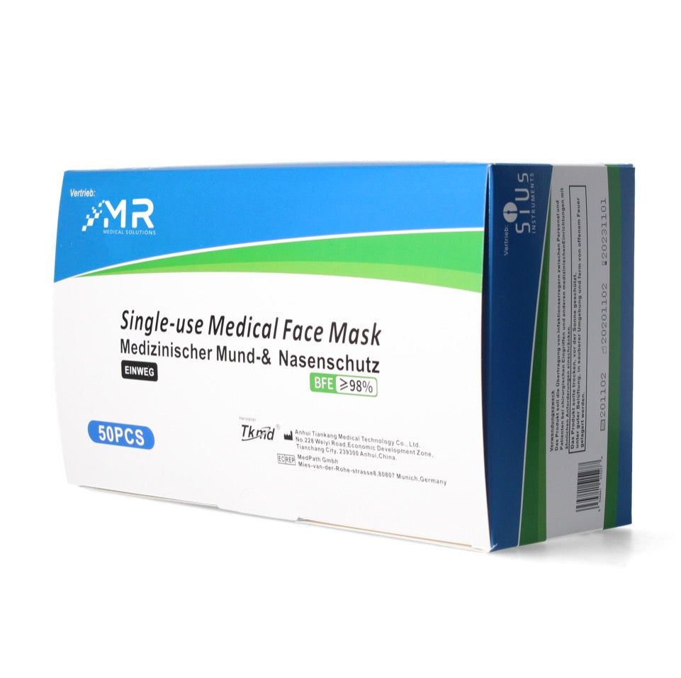 MR Solutions 50x Medizinischer Mund Atem Nasen Schutz Filtration BFE 98 % EN 14683:2019+AC:2019 Typ IIR OP Maske 3 lagig - Toolbrothers