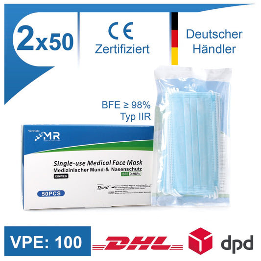 MR Solutions Medizinischer Mund Nasenschutz 100 Stk. Filtration BFE 98 % EN 14683:2019+AC:2019 Typ IIR 3 lagige OP Maske - Toolbrothers