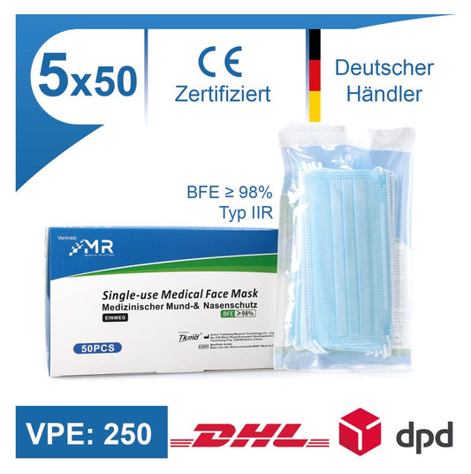 MR Solutions Medizinischer Mund Nasenschutz 250 Stk. Filtration BFE 98 % EN 14683:2019+AC:2019 Typ IIR 3 lagige OP Maske - Toolbrothers