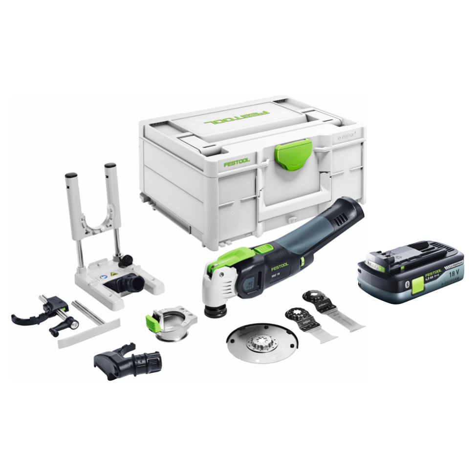 Festool VECTURO OSC 18 E-Basic Set Akku Oszillierer 18 V Starlock Max Brushless + 1x Akku 4,0 Ah + 7 tlg. Zubehör Set + Systainer - ohne Ladegerät - Toolbrothers