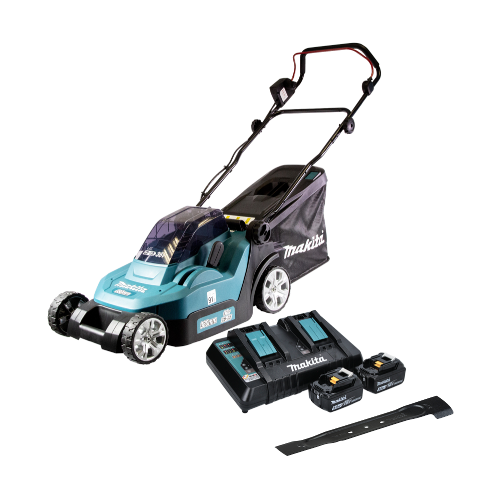 Makita DLM 382 PT2 Akku Rasenmäher 36 V ( 2x 18 V ) 38 cm 40 l + 2x Akku 5,0 Ah + Doppelladegerät + Sichelmesser