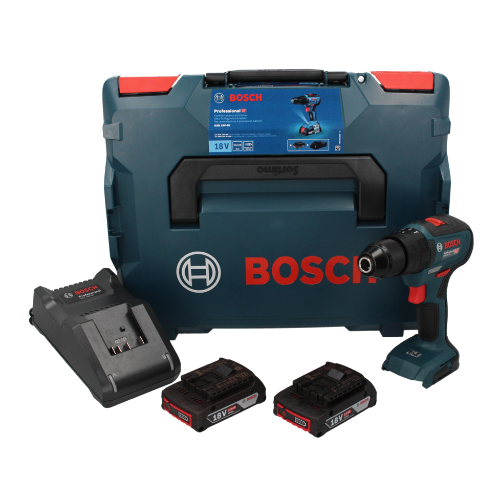 Bosch GSB 18V-55 Professional perceuse à percussion sans fil 18 V 55 Nm sans balai + 2x batteries 2,0 Ah + chargeur + L-Boxx (06019H5370)