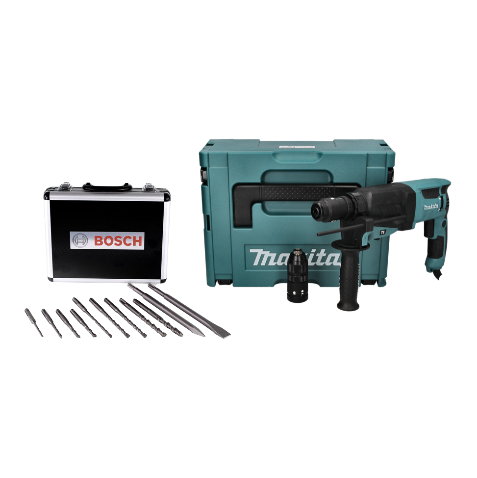 Makita HR 2630 TJ Kombihammer 800 W 2,4 J SDS Plus + 11 tlg. Bohrer Meißel Set + Schnellspannfutter + Makpac - Toolbrothers