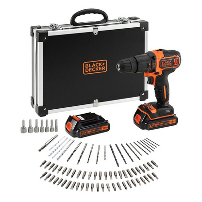 Black & Decker BDCHD18BAFC Akku Schlagbohrschrauber 18 V 40 Nm + 2x Akku 1,5 Ah + Ladegerät + 80 tlg. Zubehör Set + Koffer