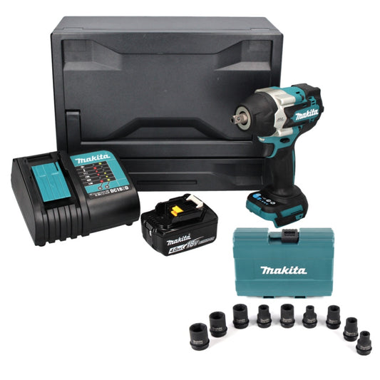 Makita DTW 701 SM1X Akku Schlagschrauber 18 V 700 Nm 1/2" XPT Brushless + 1x Akku 4,0 Ah + Ladegerät + Steckschlüssel Nuss Set 9 tlg. + Makbox