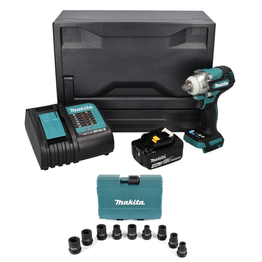 Makita DTW 300 SM1X Clé à chocs sans fil 18 V 330 Nm 1/2" sans balais + 1 batterie 4,0 Ah + chargeur + jeu d'écrous 9 pièces + Makbox