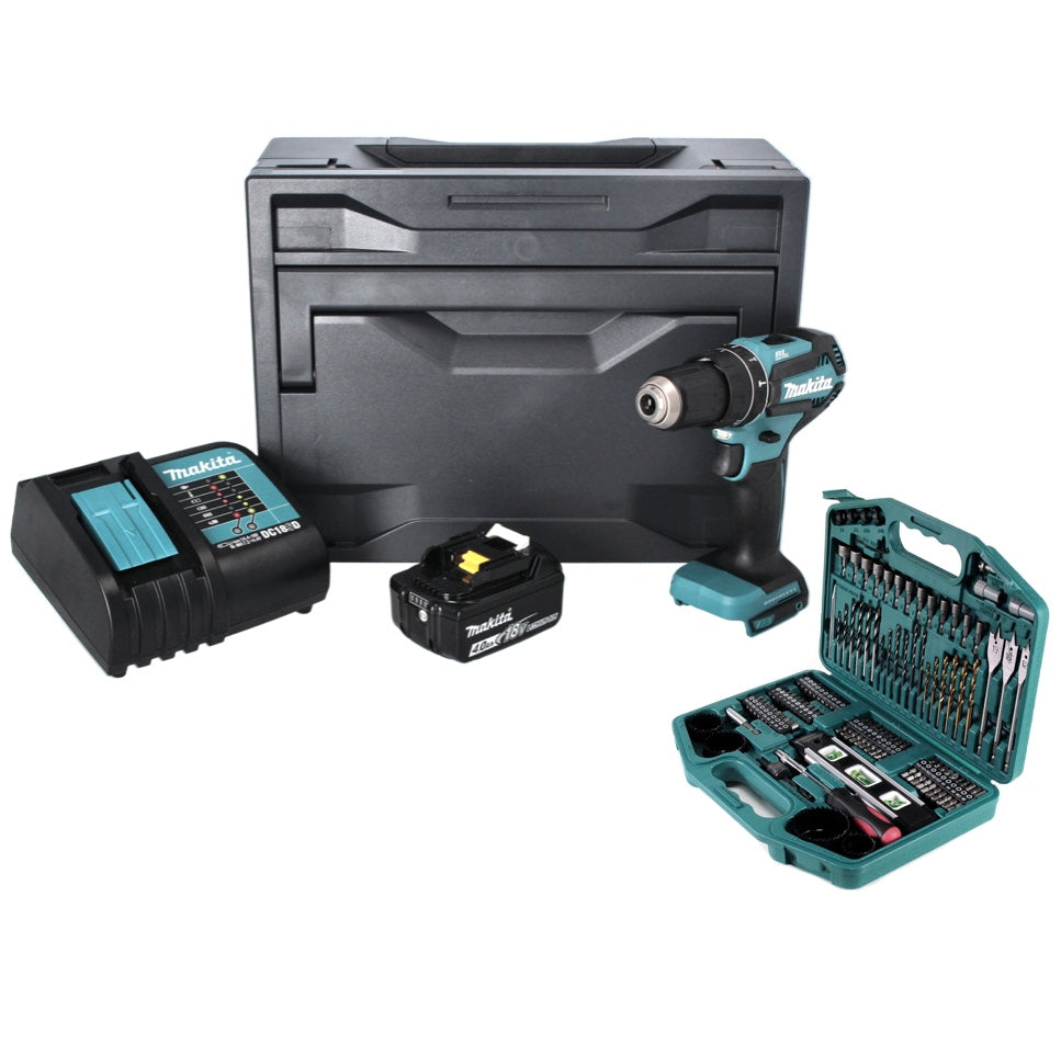 Makita DHP 485 SM1X Akku Schlagbohrschrauber 18 V 50 Nm Brushless + 1x Akku 4,0 Ah + Ladegerät + 101 tlg. Bit und Bohrer Set + Makbox