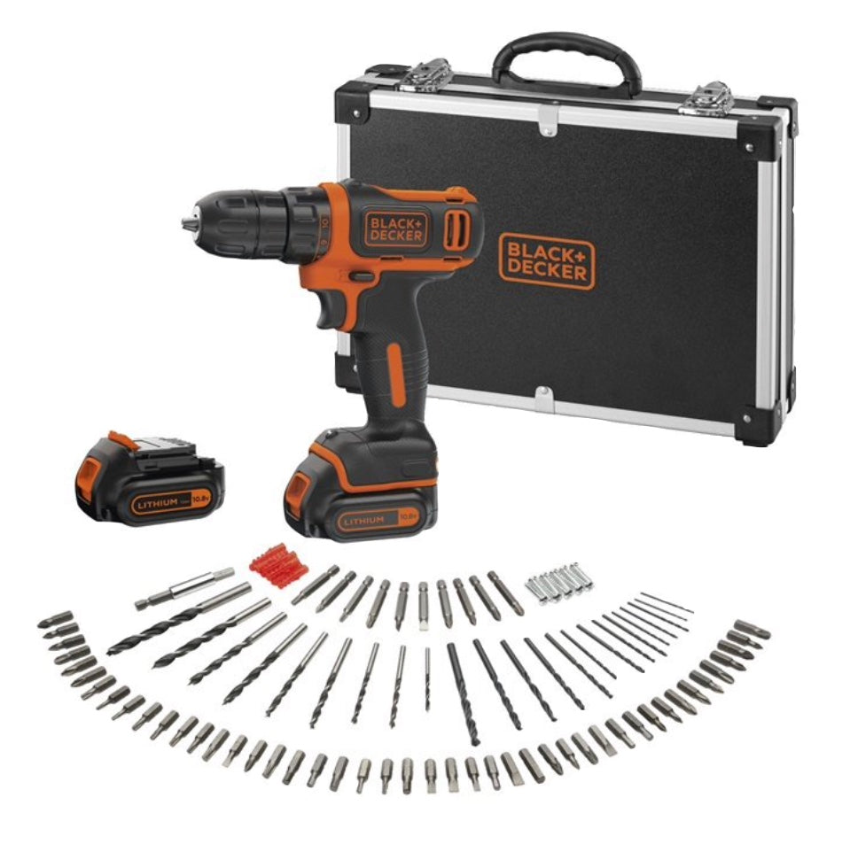 Perceuse-visseuse sans fil Black &amp; Decker BDCDD12BAFC-QW 10,8 V 26 Nm + 2x batteries 1,5 Ah + chargeur 100 pièces + coffret d'accessoires.