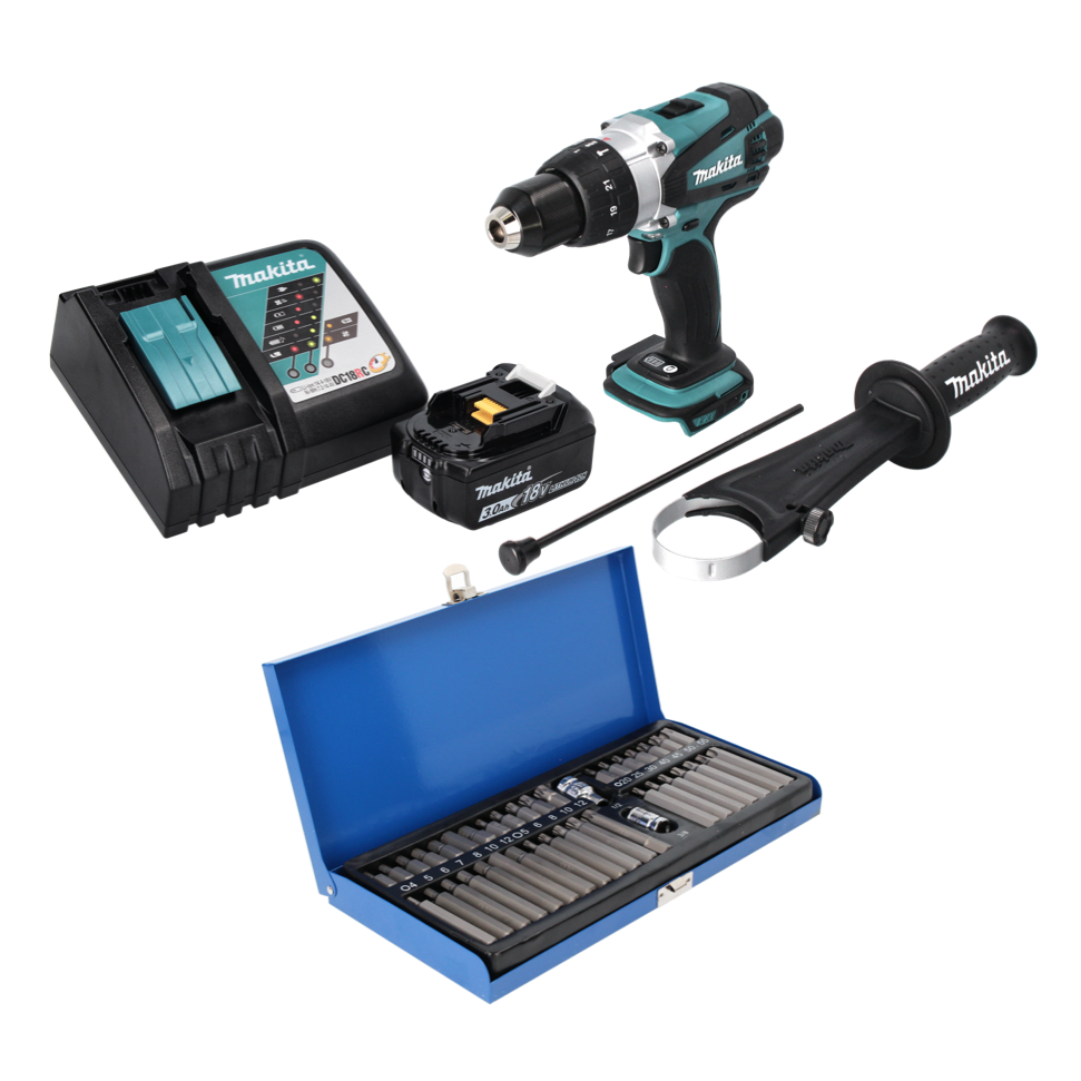 Makita DHP 458 RF1 perceuse à percussion sans fil 18 V 91 Nm + 1 batterie 3,0 Ah + chargeur + jeu d'embouts 40 pièces