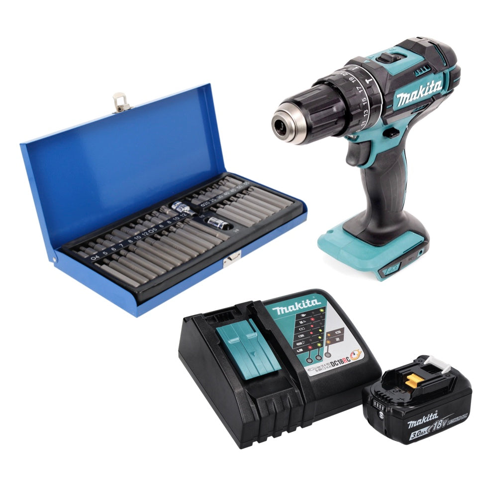 Makita DHP 482 RF1 perceuse à percussion sans fil 18 V 62 Nm + 1 batterie 3,0 Ah + chargeur + jeu d'embouts 40 pièces