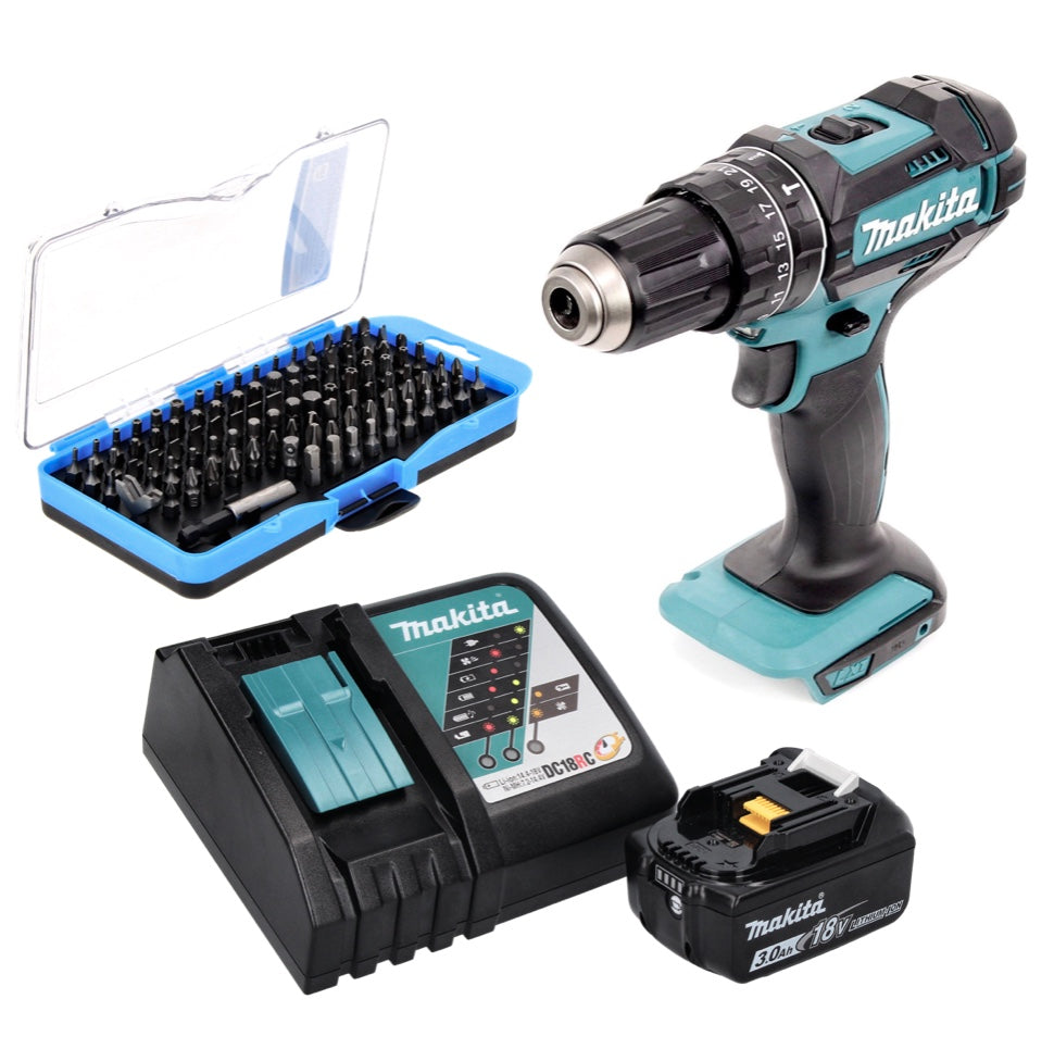 Makita DHP 482 RF1 perceuse à percussion sans fil 18 V 62 Nm + 1 batterie 3,0 Ah + chargeur + jeu d'embouts 100 pièces