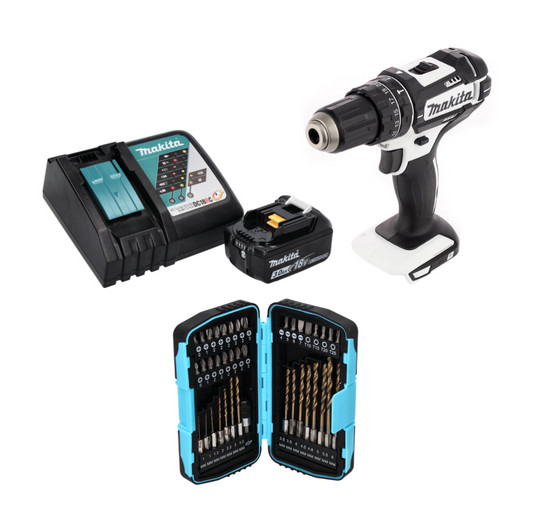 Makita DHP 482 RF1W perceuse à percussion sans fil 18 V 62 Nm + 1 batterie 3,0 Ah + chargeur + jeu de 40 forets