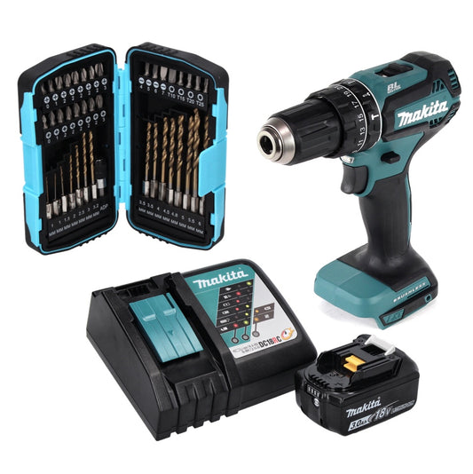 Makita DHP 485 RF1 Akku Schlagbohrschrauber 18 V 50 Nm Brushless + 1x Akku 3,0 Ah + Ladegerät + 40 tlg. Bit Bohrer Set