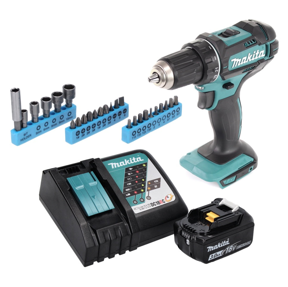 Makita DDF 482 RF1 Akku Bohrschrauber 18 V 62 Nm + 1x Akku 3,0 Ah + Ladegerät + 26 tlg. Bit Steckschlüssel Set