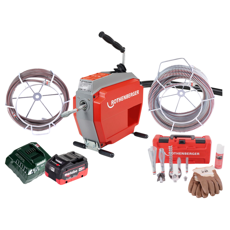 Rothenberger R600 VarioClean Akku Rohrreinigungsmaschine 18 V + 1x Akku 8,0 Ah + Ladegerät + Spiral Werkzeug Set DuraFlex ( 1000003346 ) - Toolbrothers